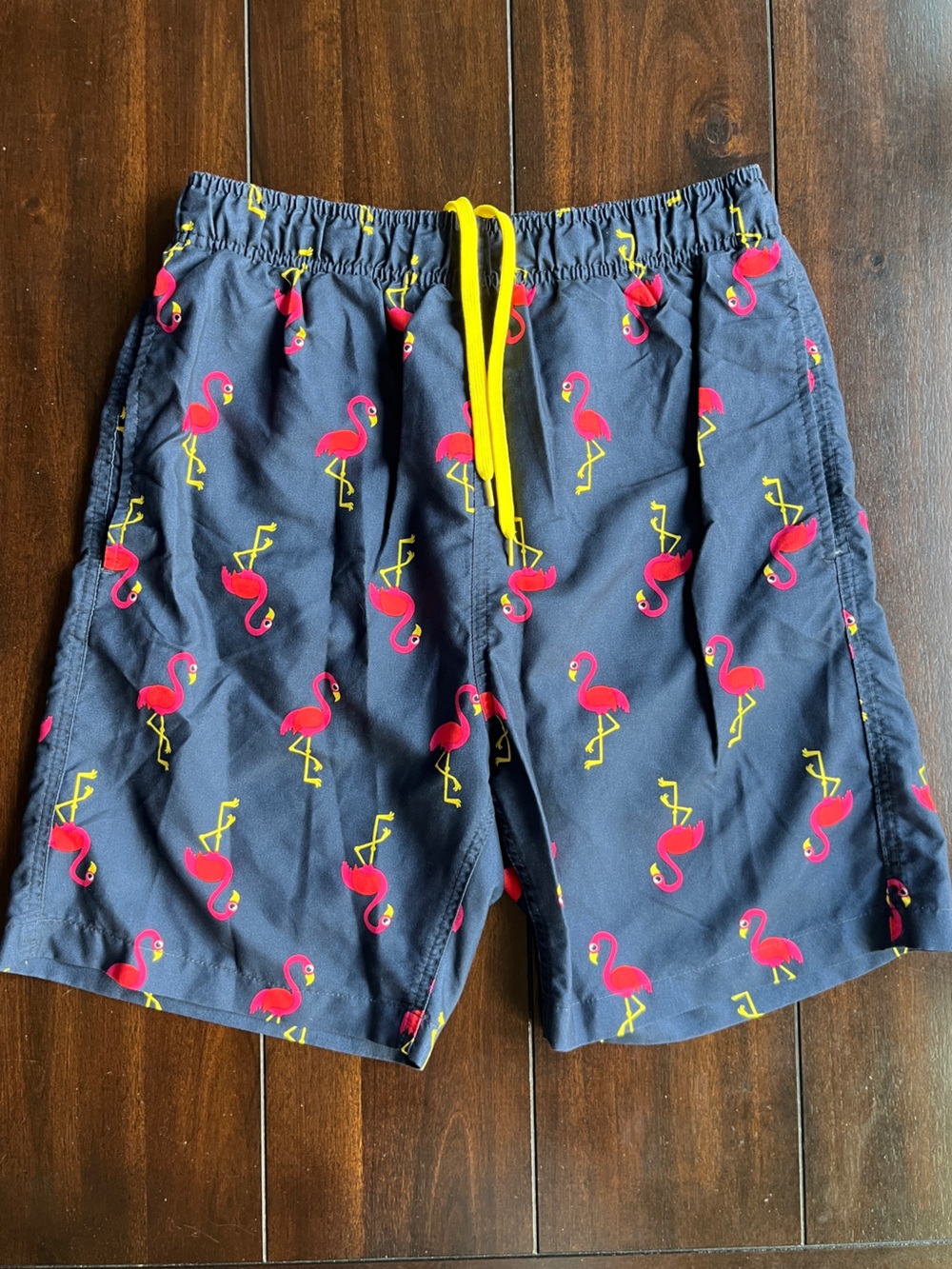 Laguna B Navy Swim Trunks with Hot Pink Flamingo Print and Yellow Drawstring